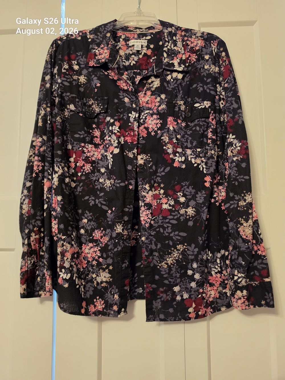 Croft & Barrow Black Floral Blouse with Pink & Cream Accents